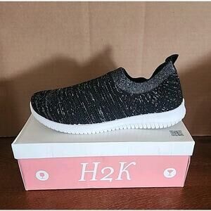 H2K Women’s black Silver Mesh Knit pull on Sneakers Athletic Shoes Size 11